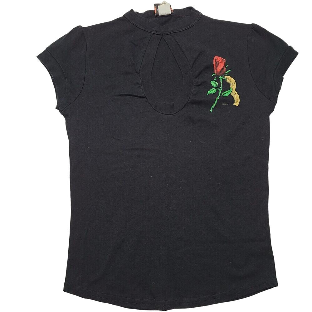Harley Davidson Black Women's T-Shirt Keyhole Cut Out Rose Graphic Size Medium